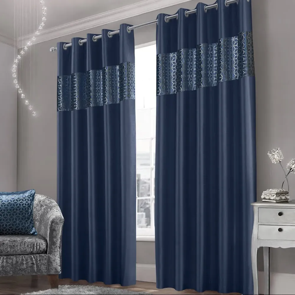 Vera Eyelet Curtains - Navy, Faux Silk