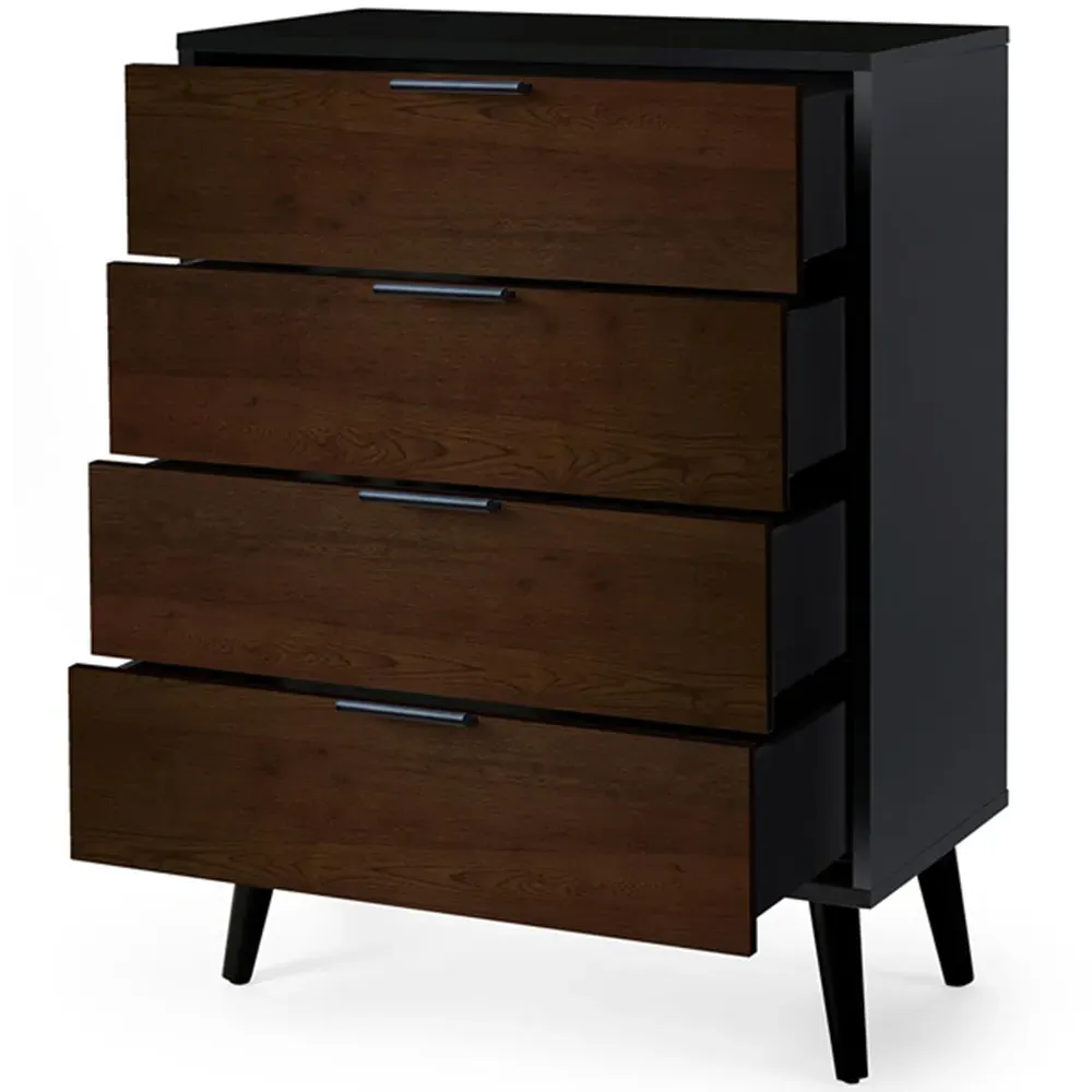 Alba 4 Drawer Wide Chest of Drawers - Black, Walnut Oak