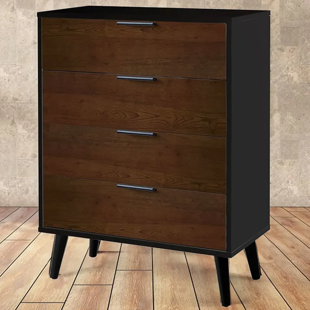 Alba 4 Drawer Wide Chest of Drawers - Black, Walnut Oak