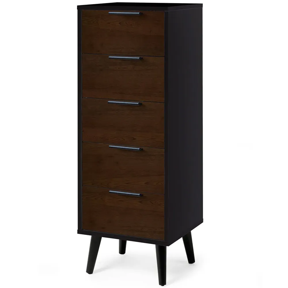 Alba 5 Drawer Narrow Chest of Drawers - Black, Walnut Oak