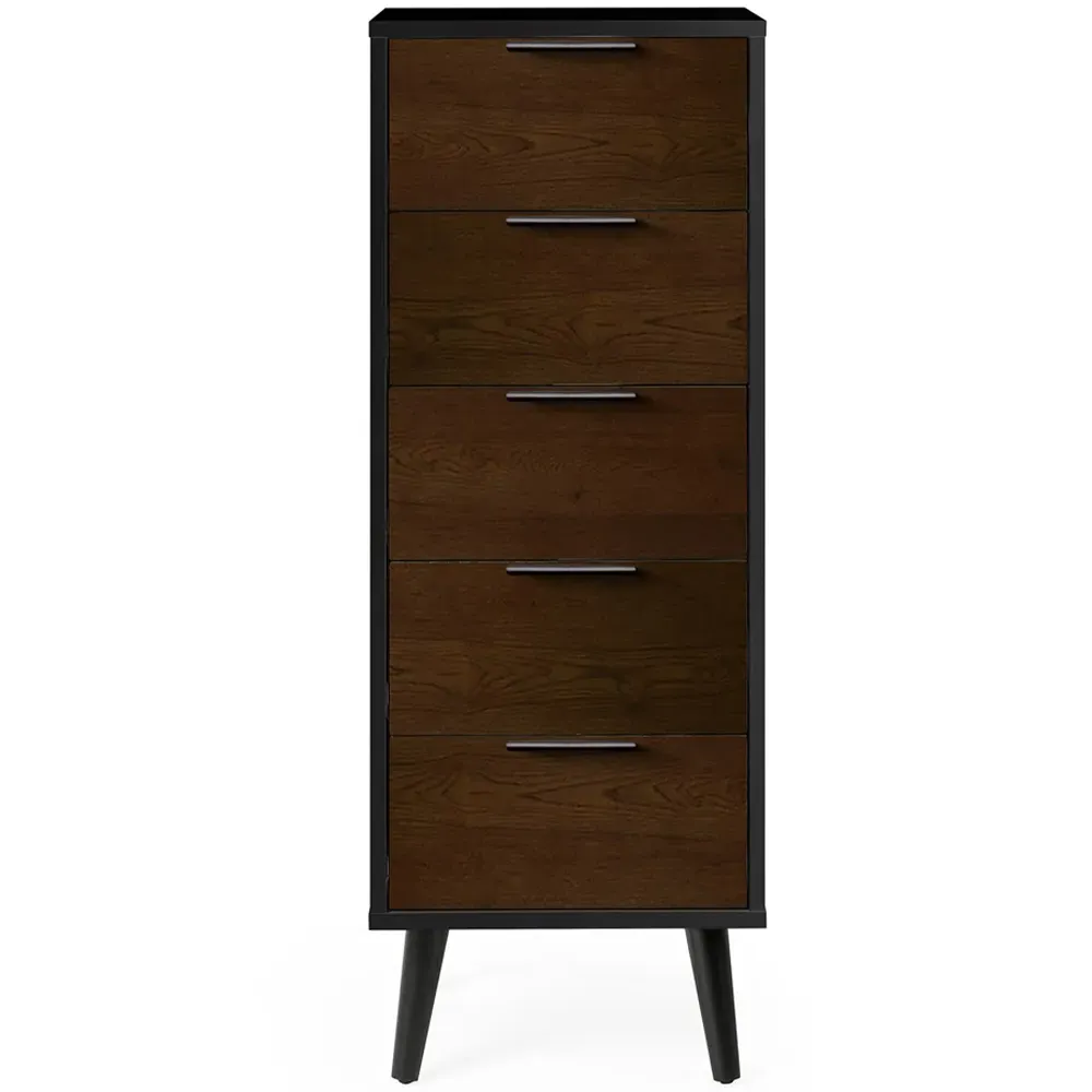 Alba 5 Drawer Narrow Chest of Drawers - Black, Walnut Oak