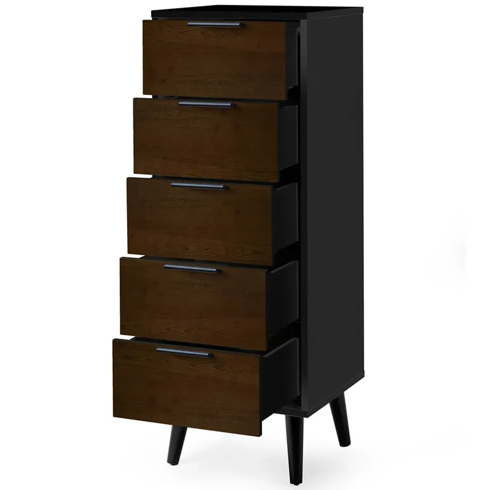 Alba 5 Drawer Narrow Chest of Drawers - Black, Walnut Oak