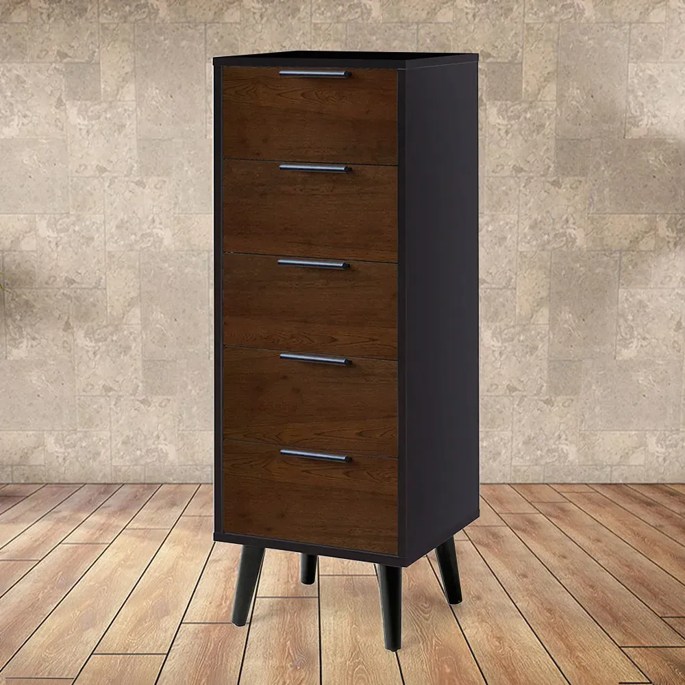 Alba 5 Drawer Narrow Chest of Drawers - Black, Walnut Oak