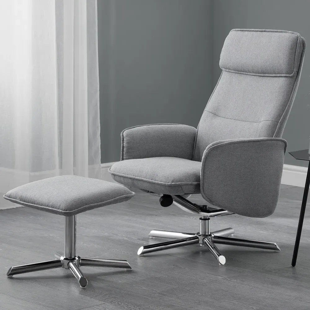 Aria Swivel Recliner Chair with Footstool - Grey, Linen image