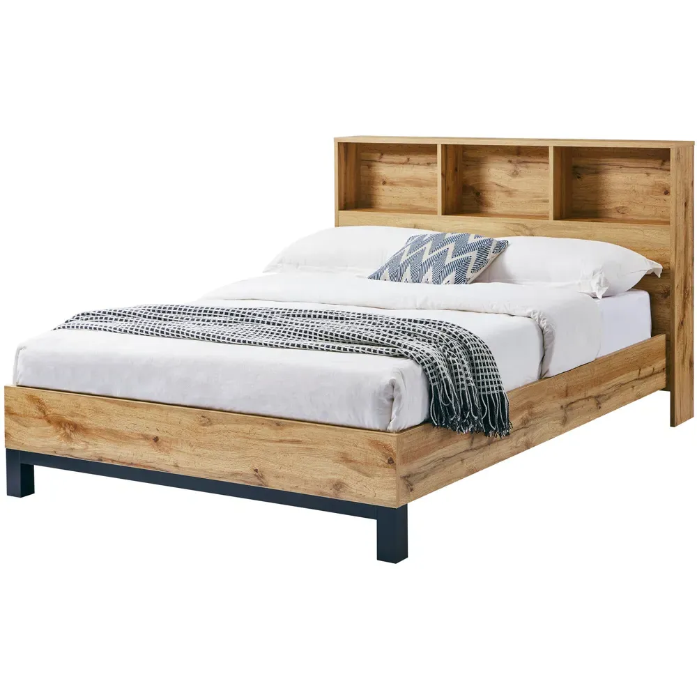 Bali Double Bed with Bookcase Headboard - Brown, Oak Effect