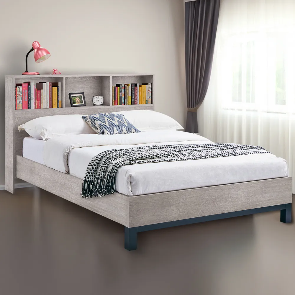 Bali Double Bed with Bookcase Headboard - Grey Oak