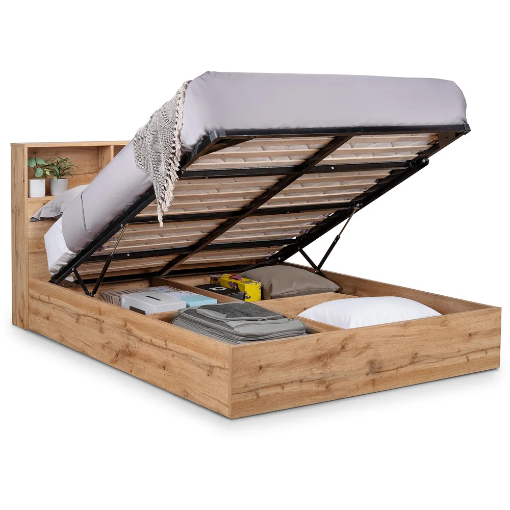 Bali Double Storage Ottoman Bed with Bookcase - Light Oak