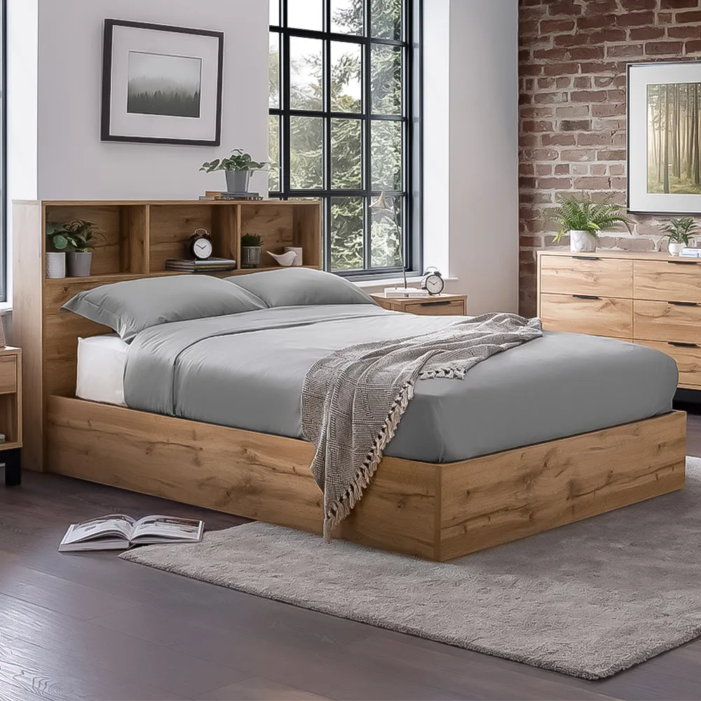 Bali Double Storage Ottoman Bed with Bookcase - Light Oak