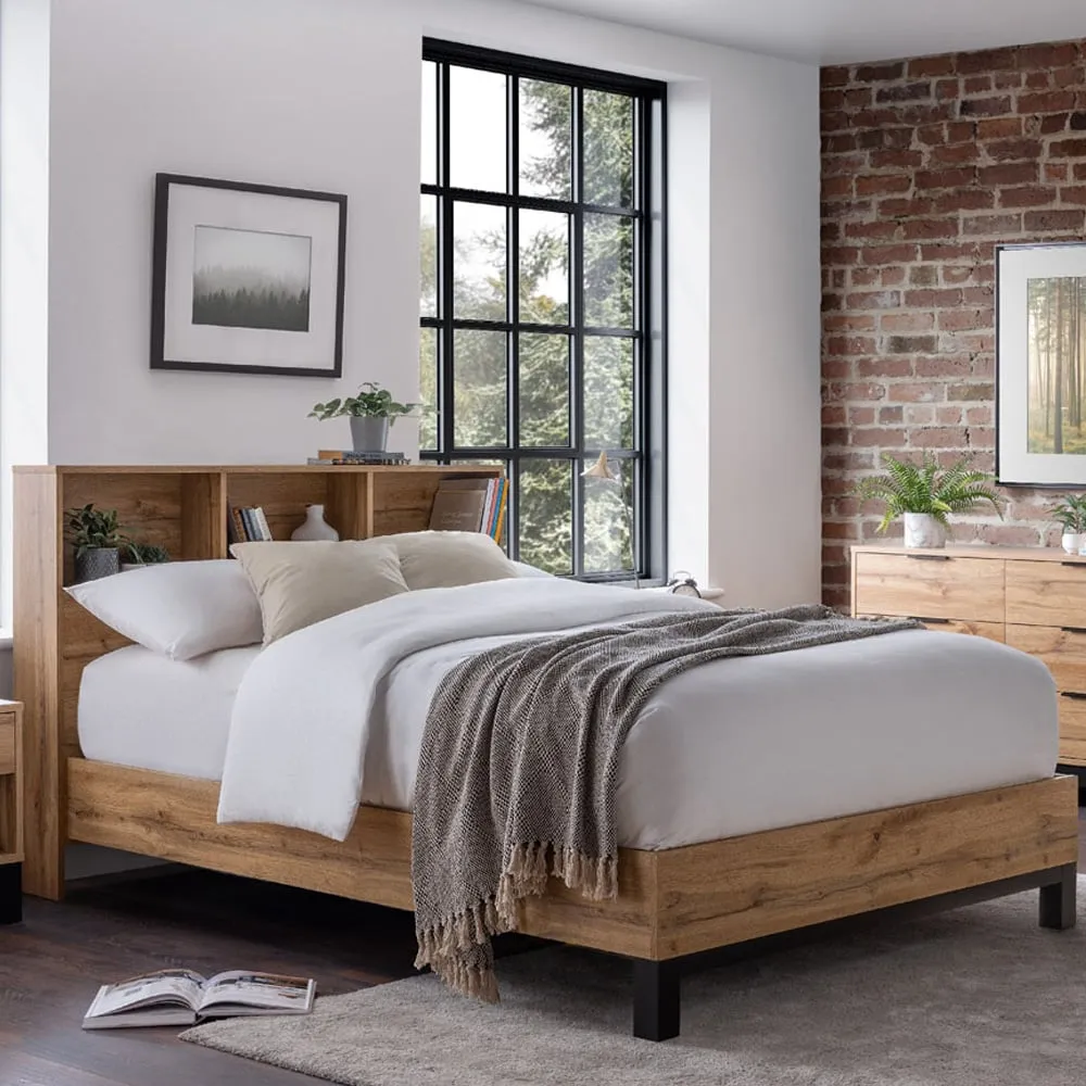 Bali King Size Bed Frame with Bookcase Headboard - Brown, Oak image