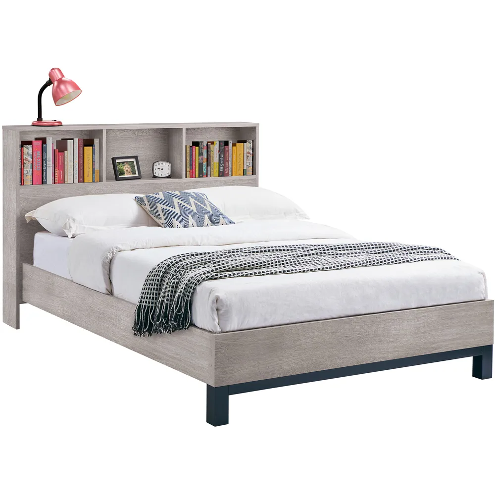 Bali King Size Bed with Bookcase Headboard - Grey, Oak