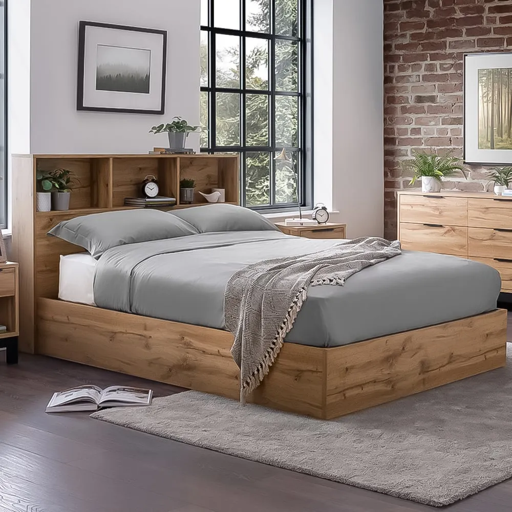 Bali Single Storage Ottoman Bed with Bookcase - Light Oak