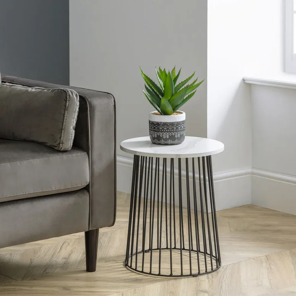 Broadway Round Wire Lamp Table - White, Marble