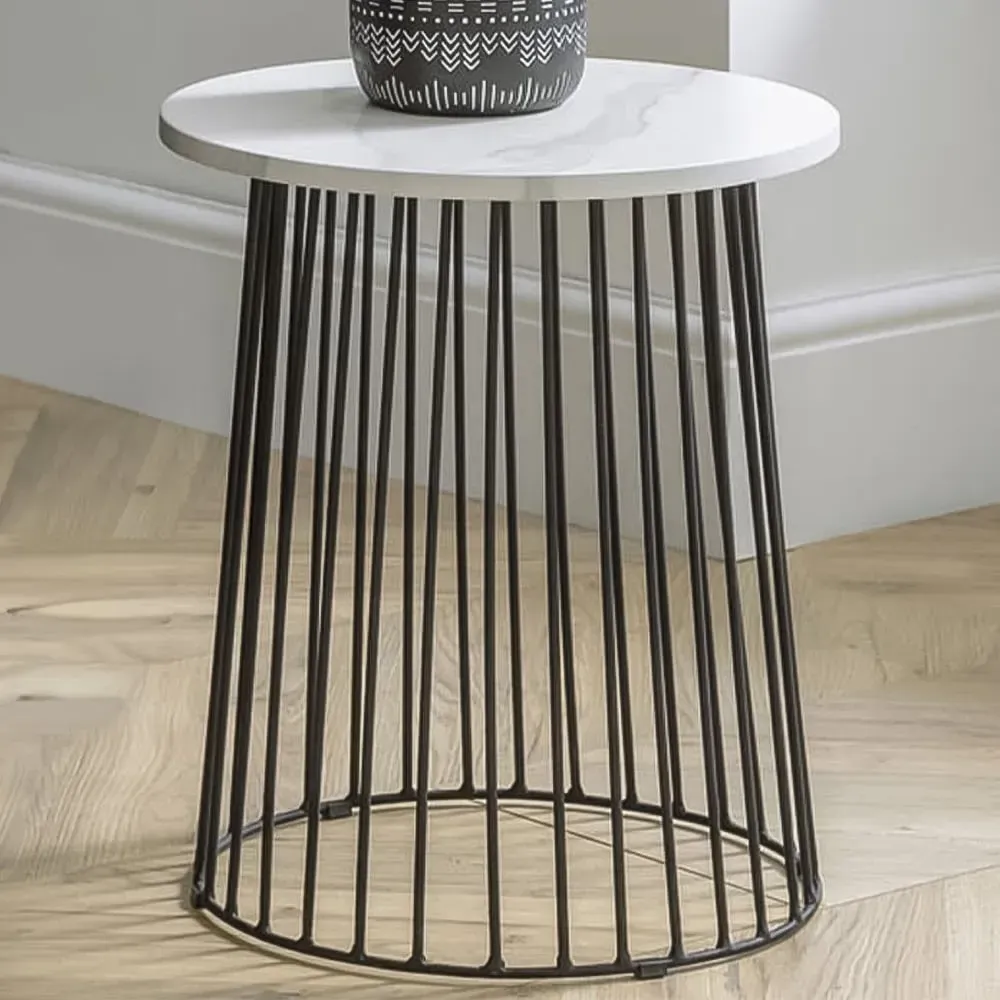 Broadway Round Wire Lamp Table - White, Marble image