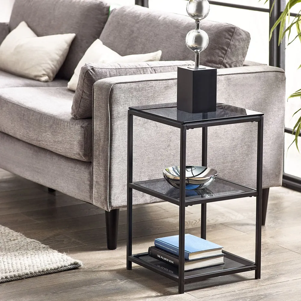 Chicago 2 Shelf Narrow Side Table - Black, Smoked Glass