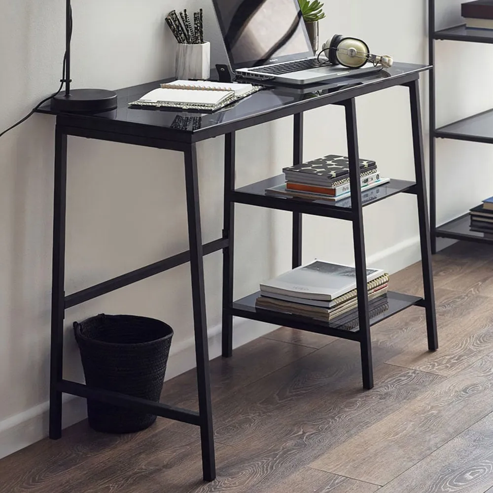 Chicago Desk with Shelves - Black, Smoked Glass