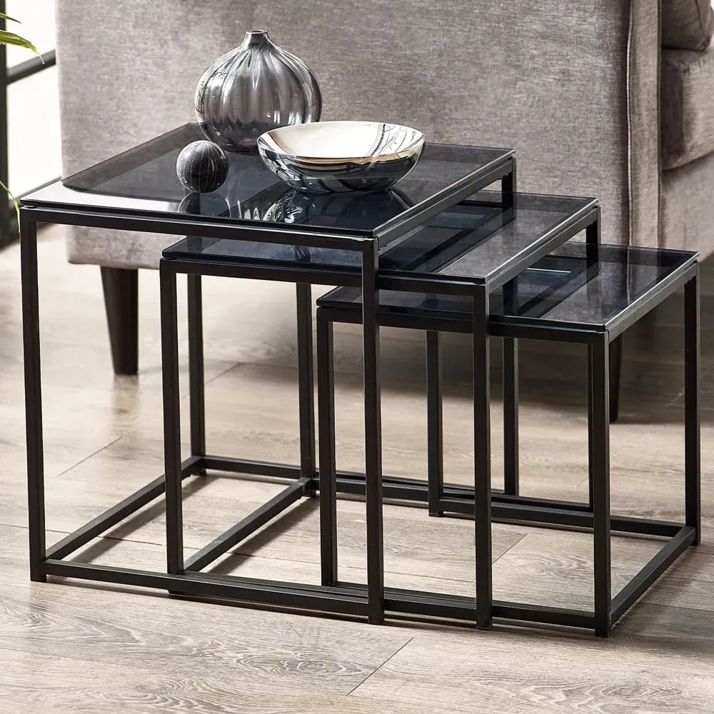 Chicago Nest of Tables Set of 3 - Black, Smoked Glass