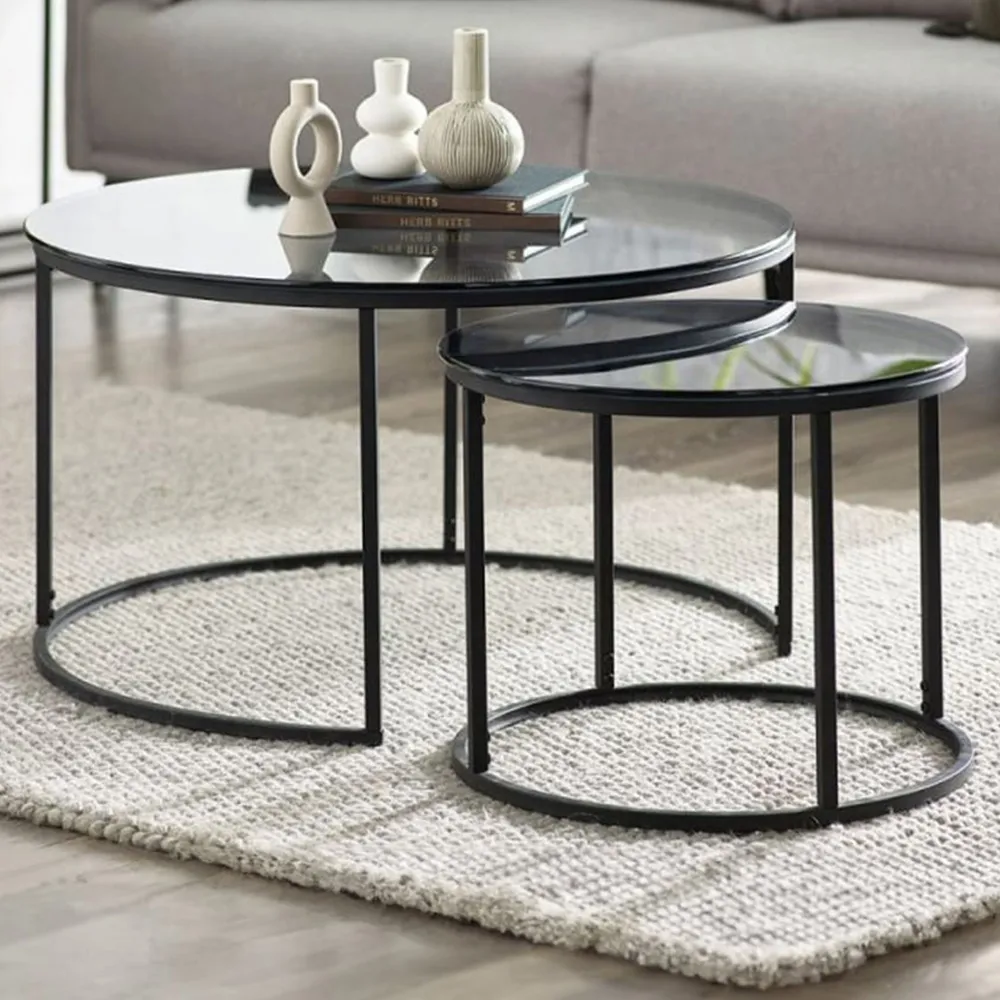 Chicago Round Nest of Tables Set of 2 - Black, Smoked Glass