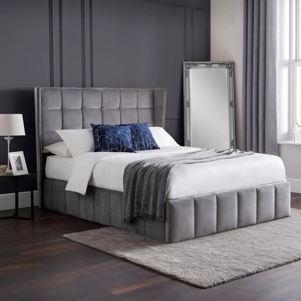 Gatsby Double Ottoman Bed with Storage - Grey, Velvet