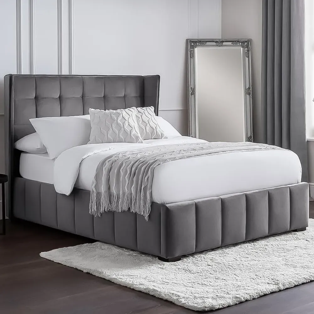 Gatsby King Size Bed Frame - Grey, Velvet
