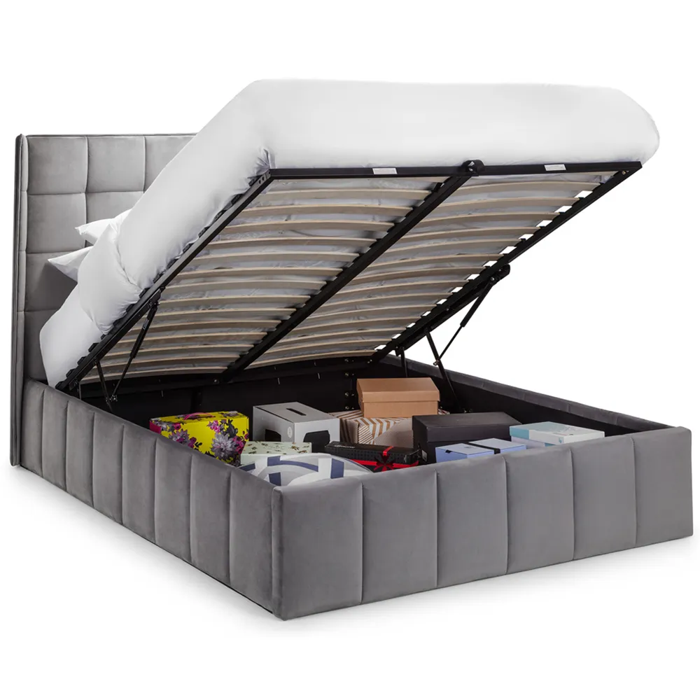 Gatsby King Size Storage Ottoman Bed - Grey, Velvet