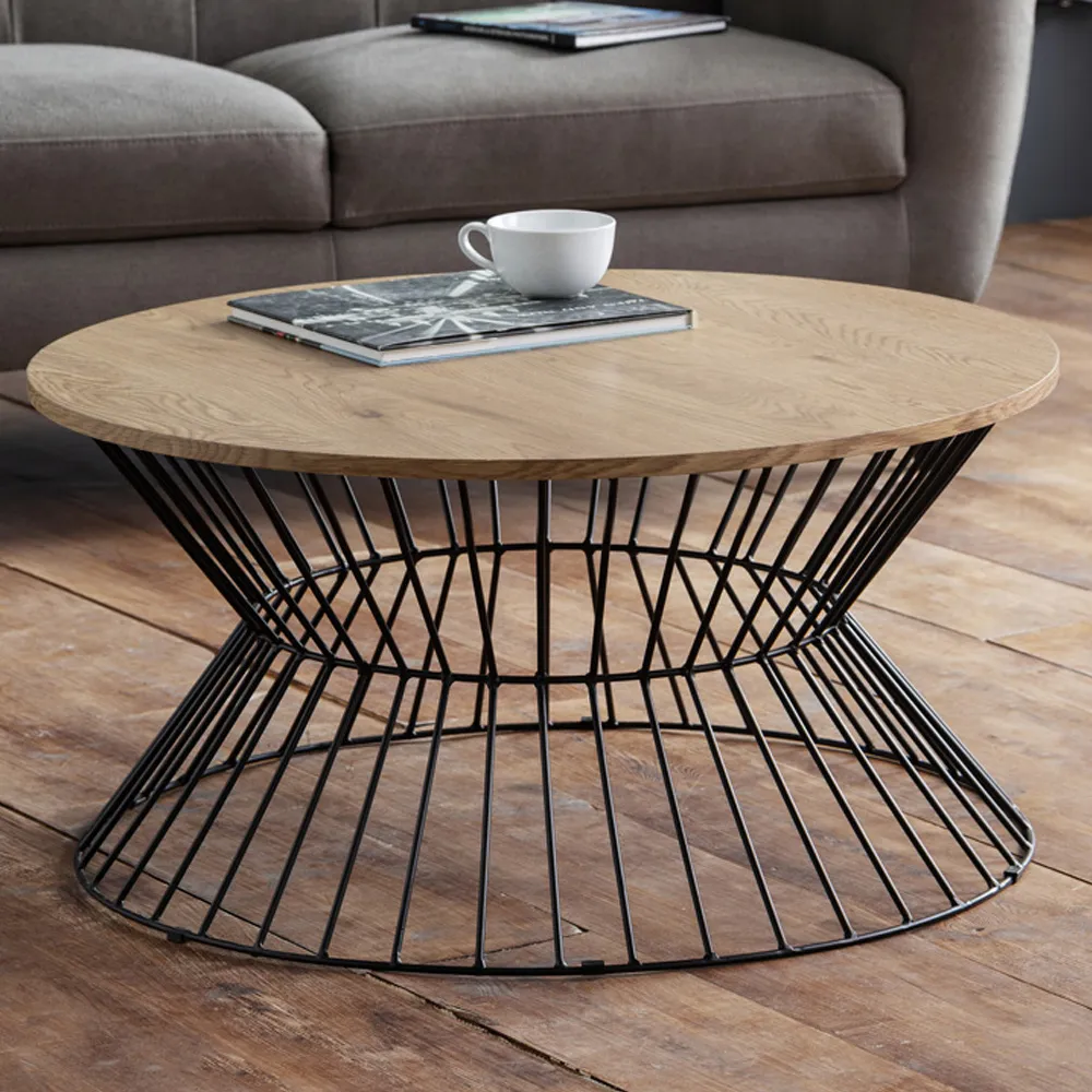 Jersey Euro Oak Round Wire Coffee Table - Black, Oak image