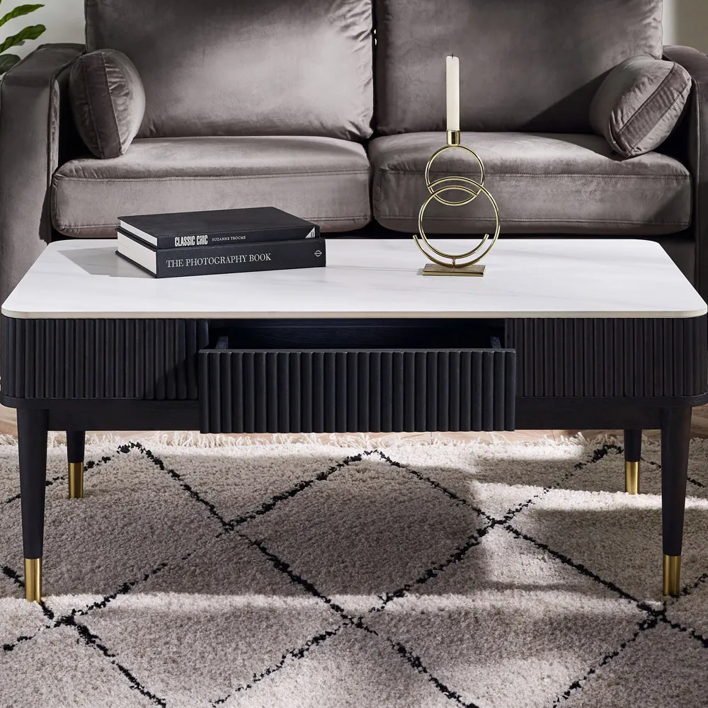 Louis 2 Drawer Fluted Coffee Table - White, Stone