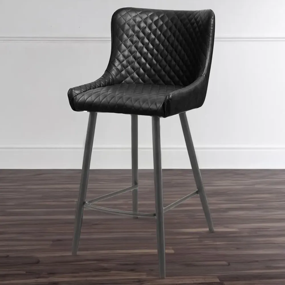 Luxe Bar Stool with Quilted Detailing - Black, Faux Leather