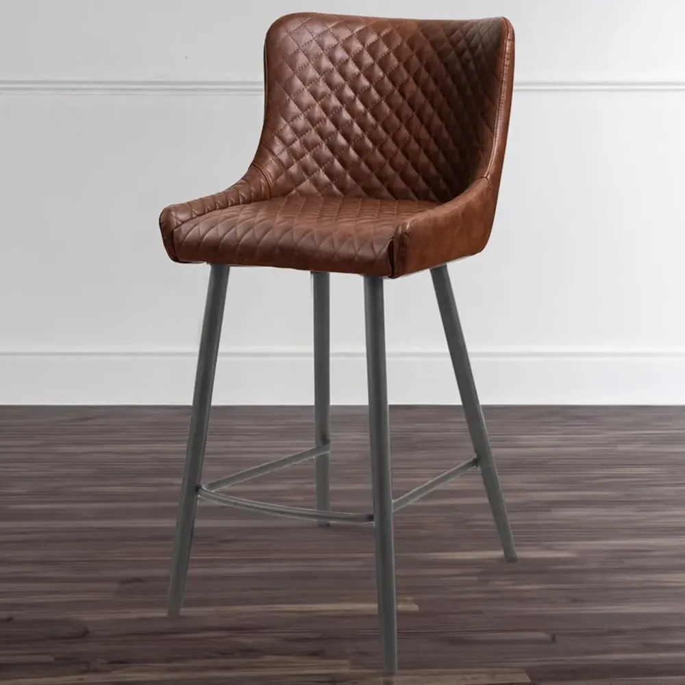 Luxe Bar Stool with Quilted Detailing - Brown, Faux Leather