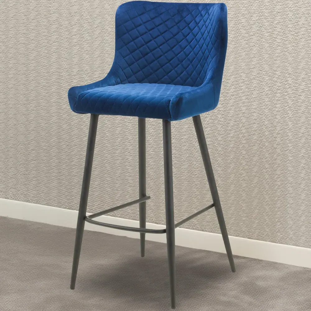 Luxe Bar Stool with Quilted Stitching - Blue, Velvet