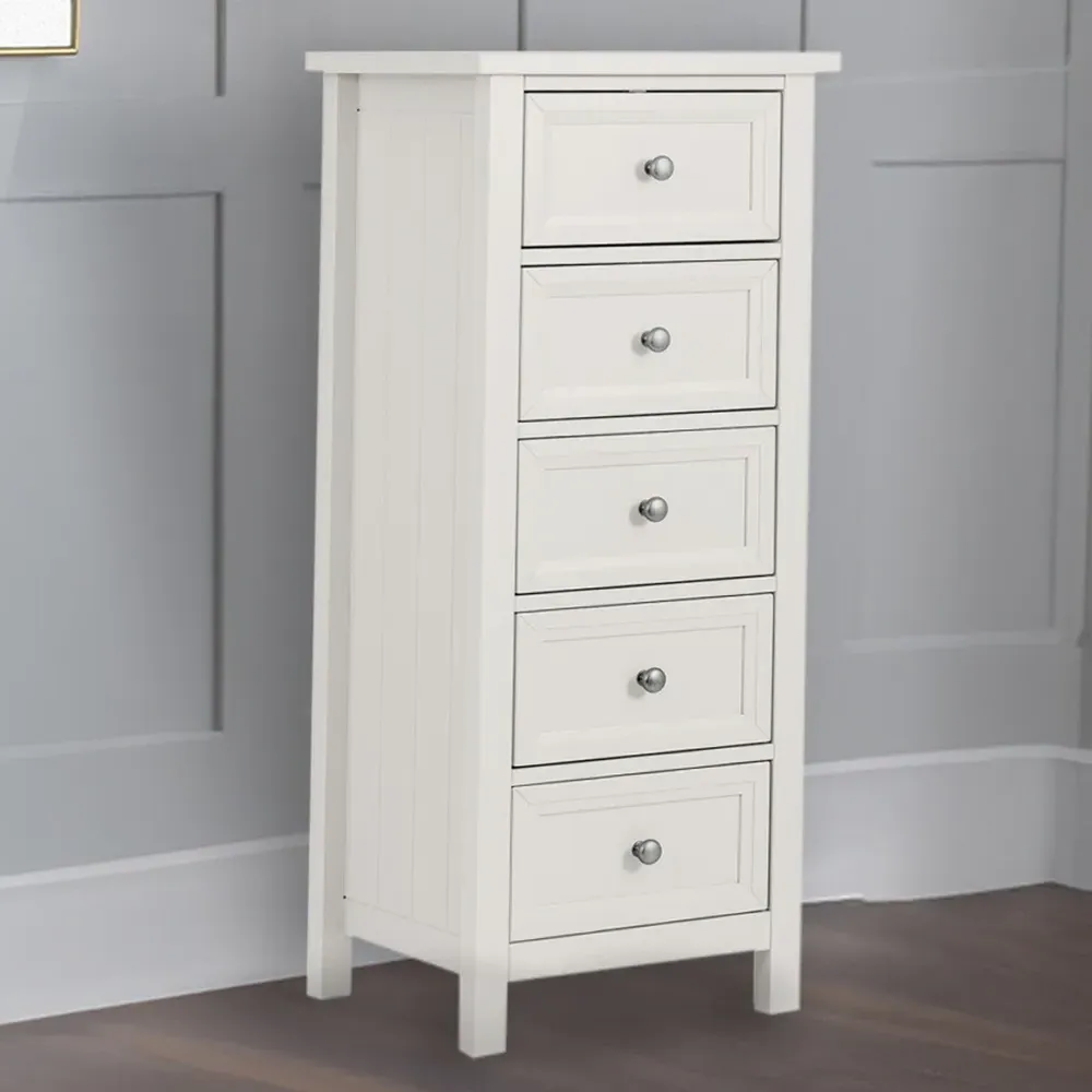 Maine 5 Drawer Tall Chest of Drawers - Surf White