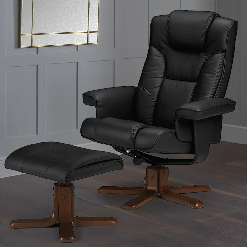 Malmo Swivel Recliner Chair with Footrest - Black, Faux Leather