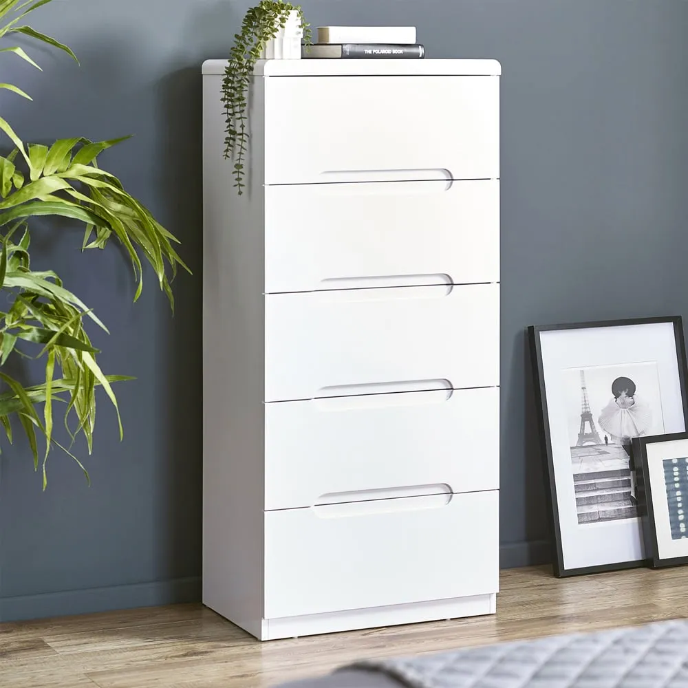 Manhattan 5 Drawer Narrow Chest of Drawers - White