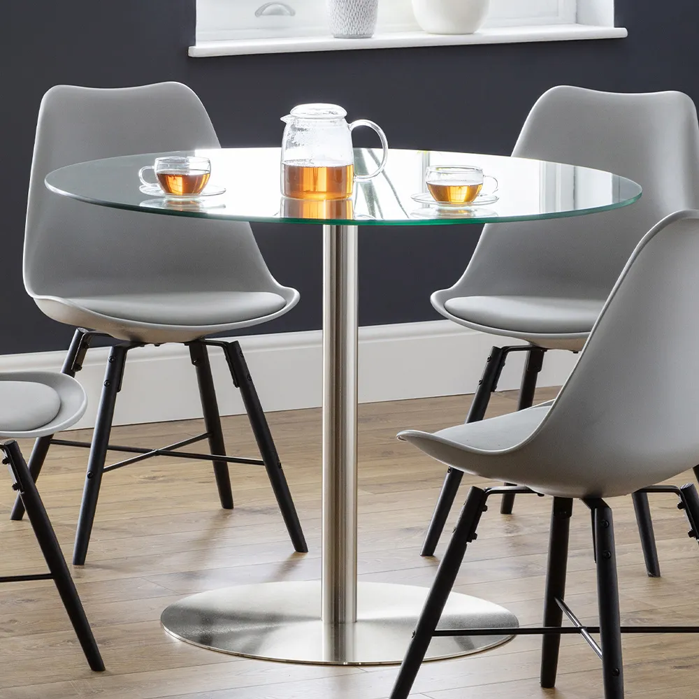 Milan 4 Seater Round Glass Pedestal Table - Steel image