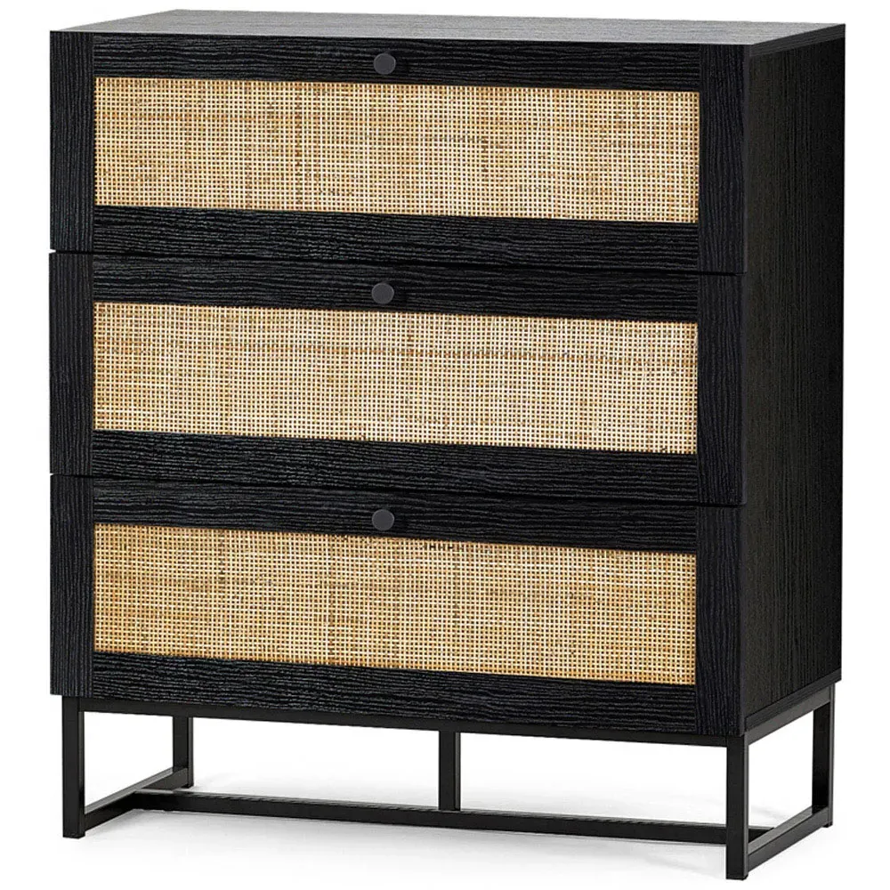 Padstow 3 Drawer Chest of Drawers - Black, Rattan