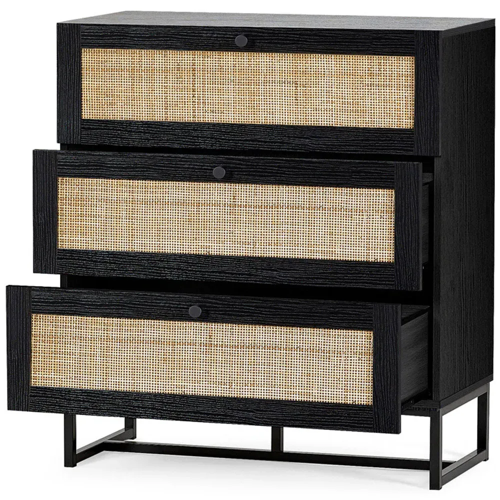Padstow 3 Drawer Chest of Drawers - Black, Rattan