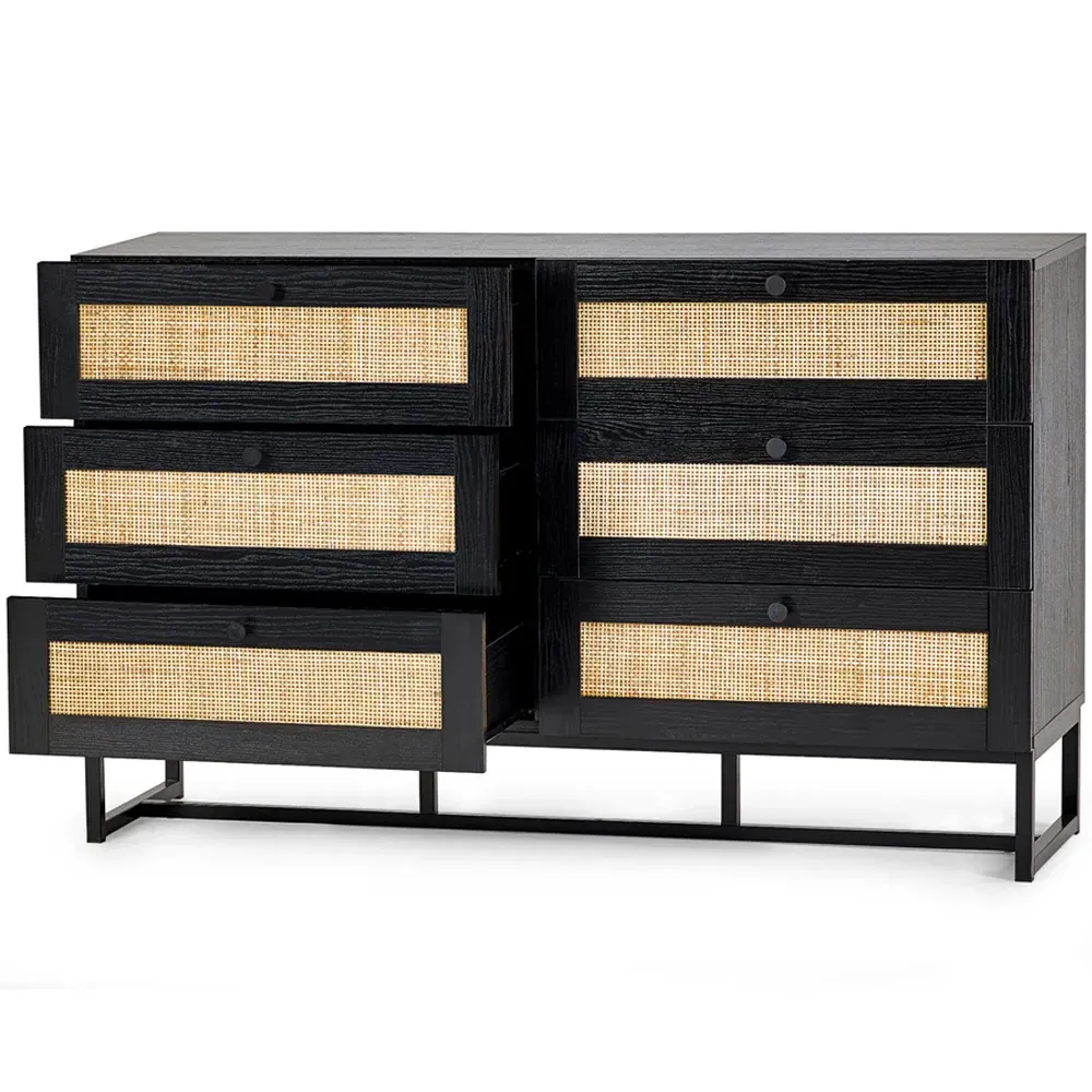 Padstow 6 Drawer Chest of Drawers - Black, Rattan