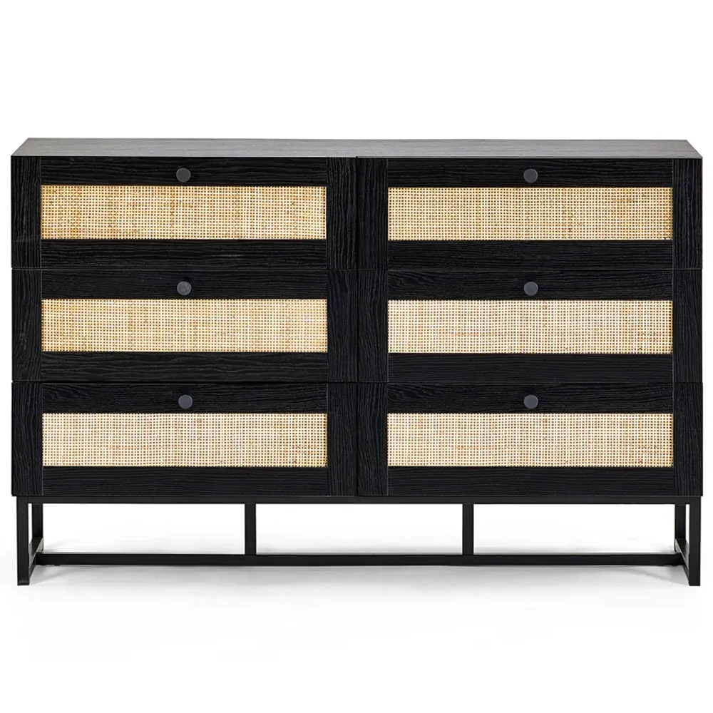 Padstow 6 Drawer Chest of Drawers - Black, Rattan