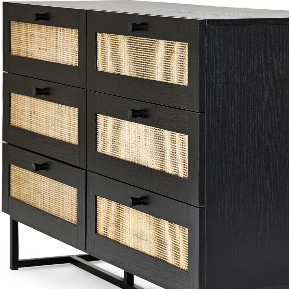 Padstow 6 Drawer Chest of Drawers - Black, Rattan