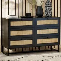 Padstow 6 Drawer Chest of Drawers - Black, Rattan