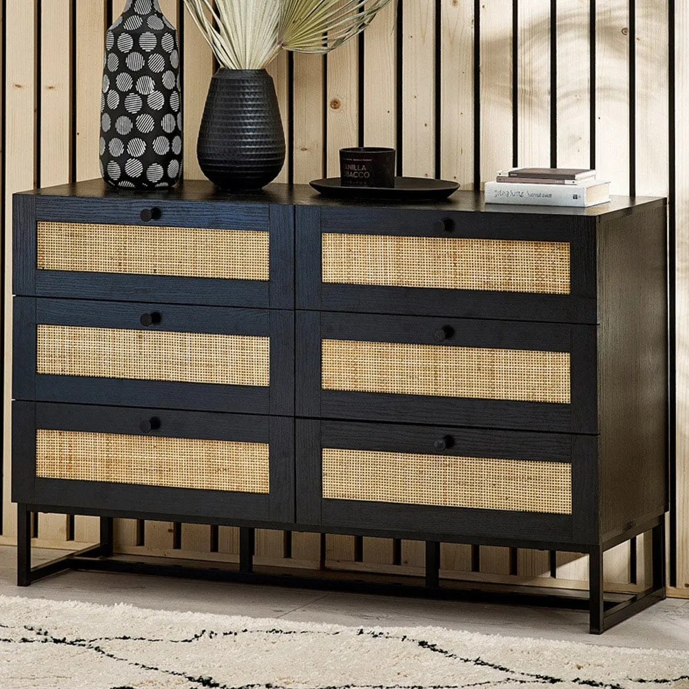 Padstow 6 Drawer Chest of Drawers - Black, Rattan