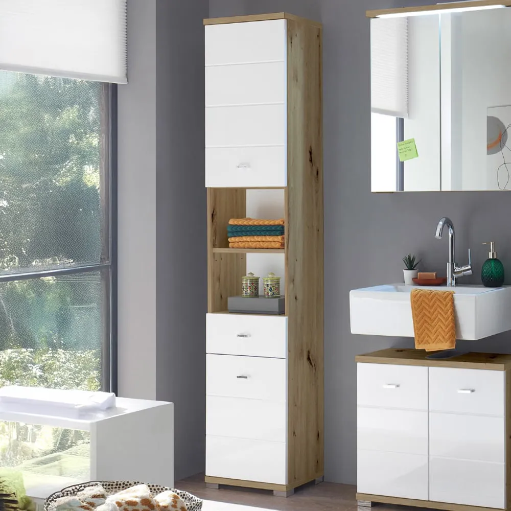 Pool 2 Door Single Drawer Tall Cabinet - White, Oak image