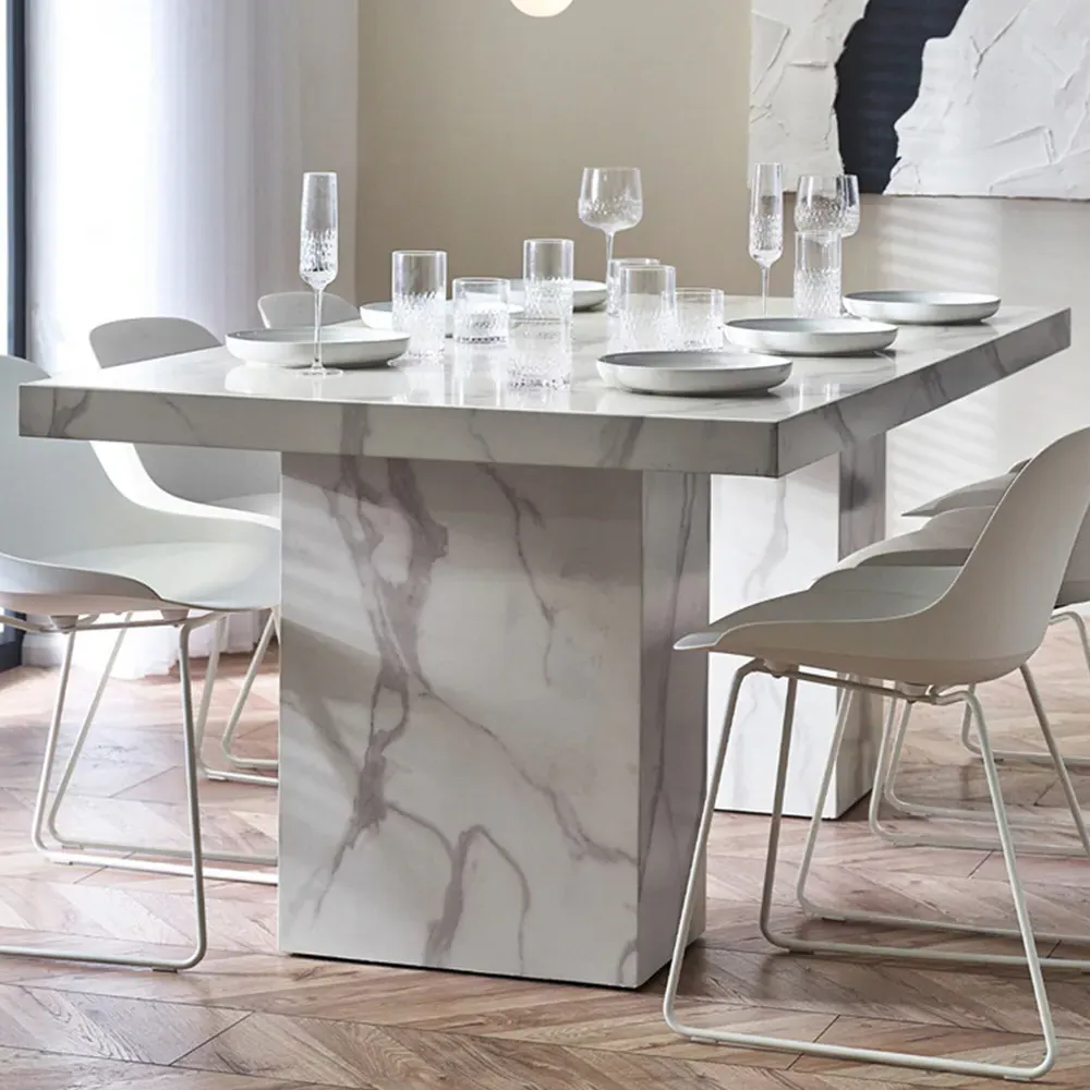 Rome 6 Seater Dining Table - White, Marble Effect