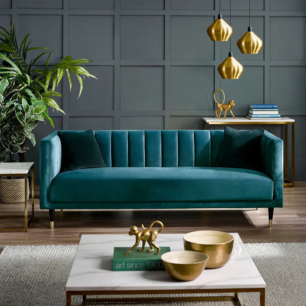 Salma 3-Seater Scalloped Back Sofa - Teal, Velvet