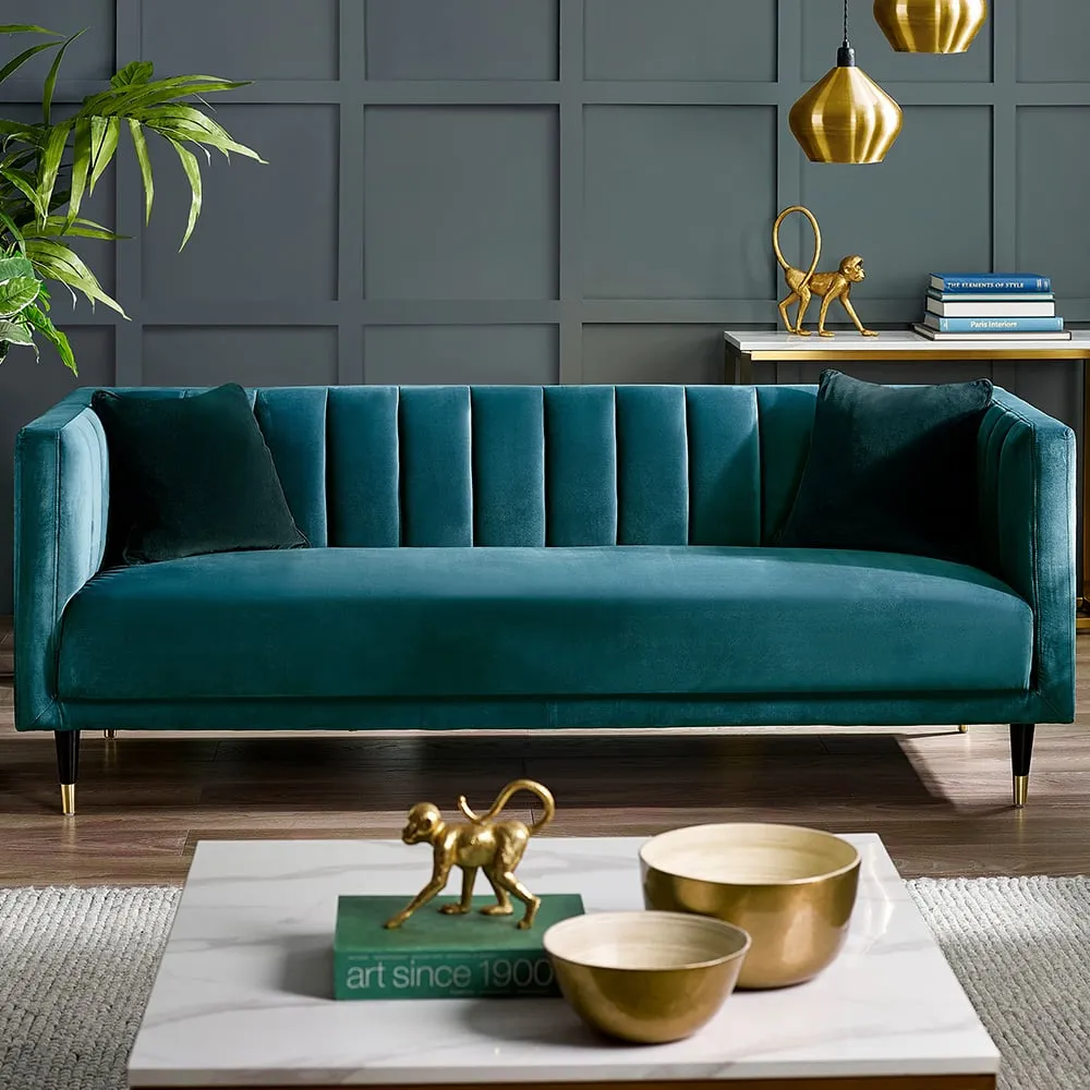 Salma 3-Seater Scalloped Back Sofa - Teal, Velvet