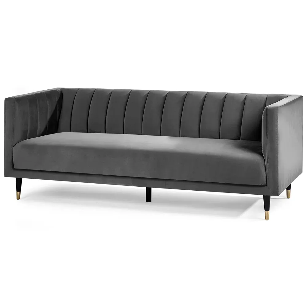 Salma 3-Seater Sofa with Scalloped Back - Grey, Velvet