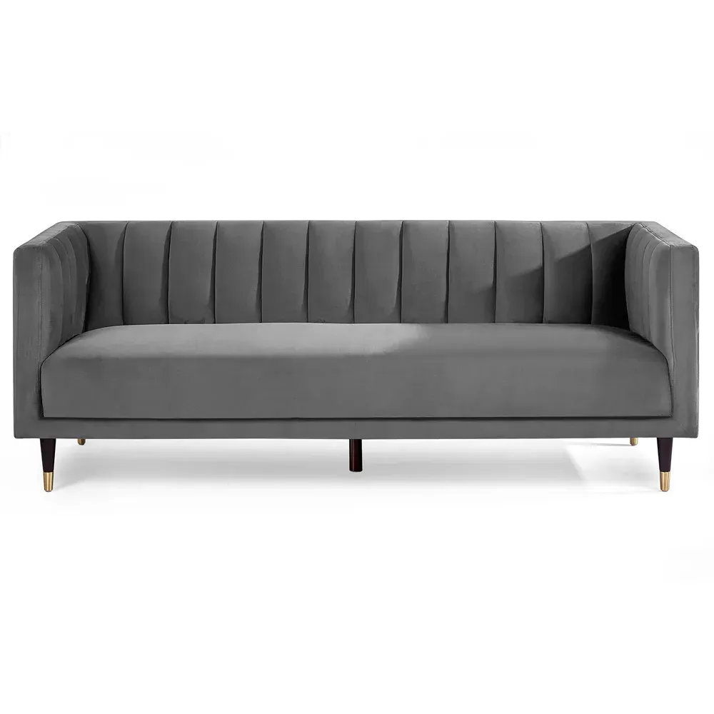 Salma 3-Seater Sofa with Scalloped Back - Grey, Velvet