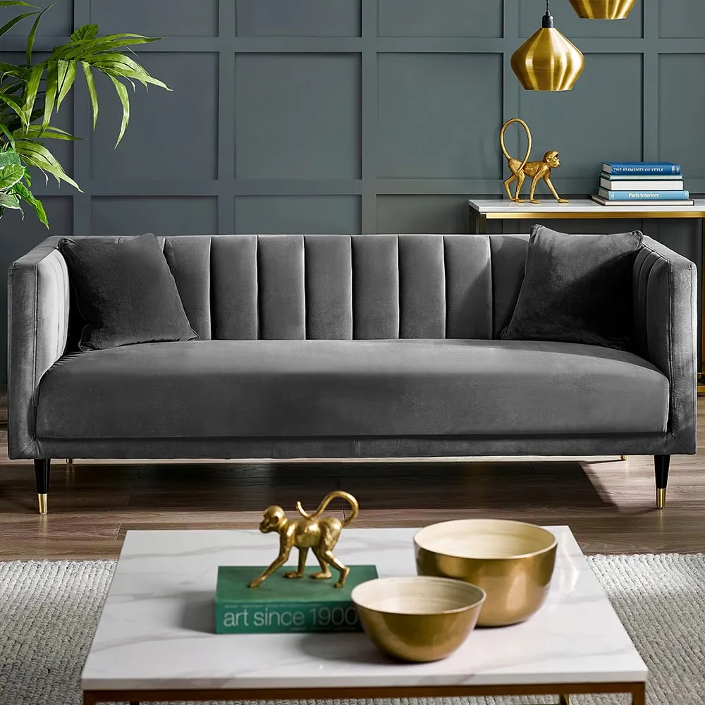 Salma 3-Seater Sofa with Scalloped Back - Grey, Velvet image