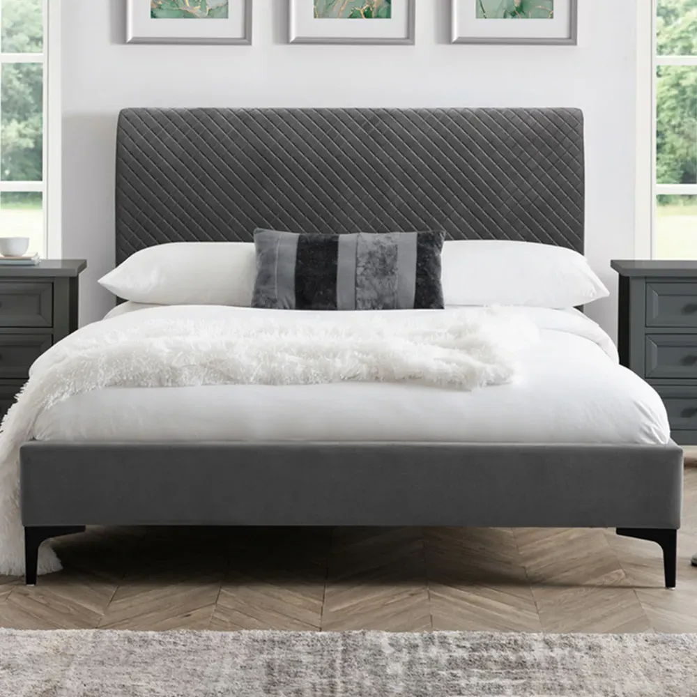 Sanderson Double Bed Frame - Grey, Velvet
