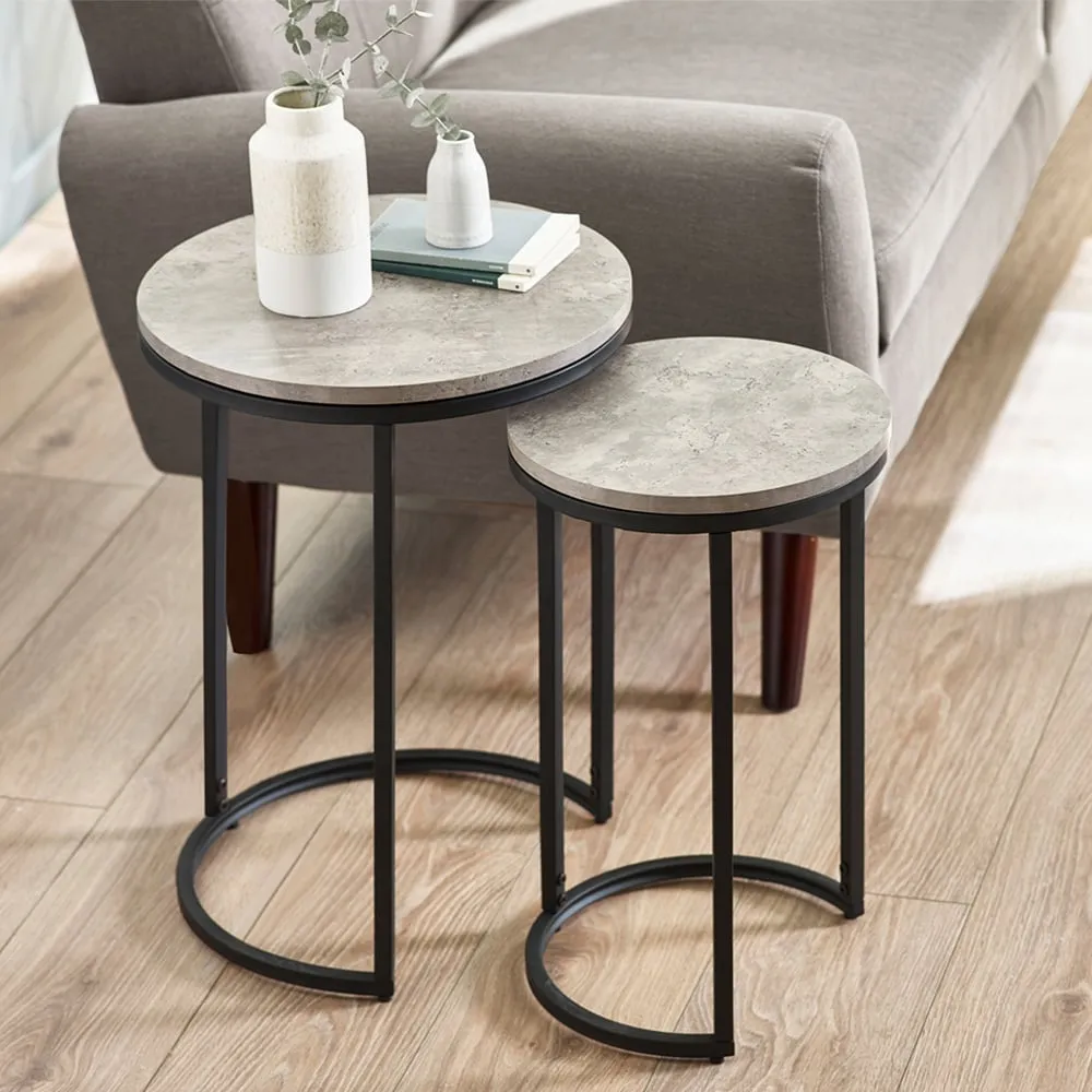 Staten Round Nest of Tables Set of 2 - Black, Concrete Effect