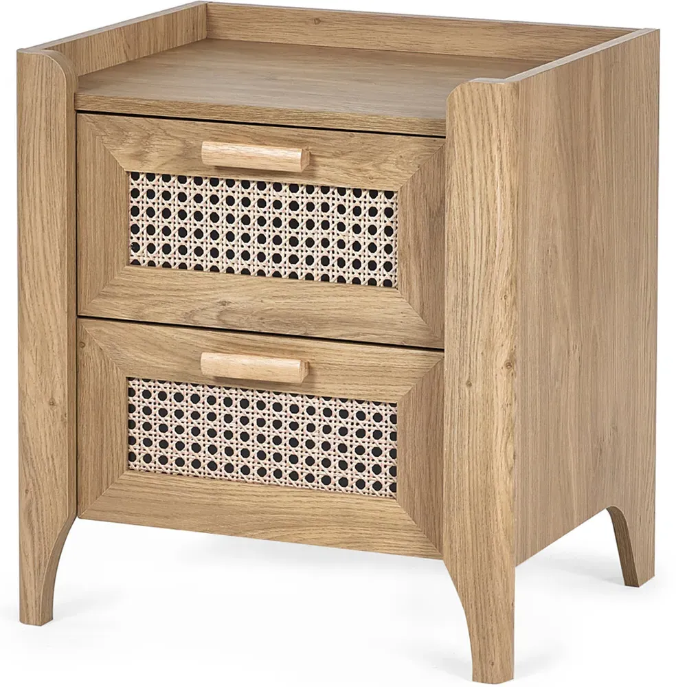 Sydney 2 Drawer Bedside Table - Oak, Rattan Effect